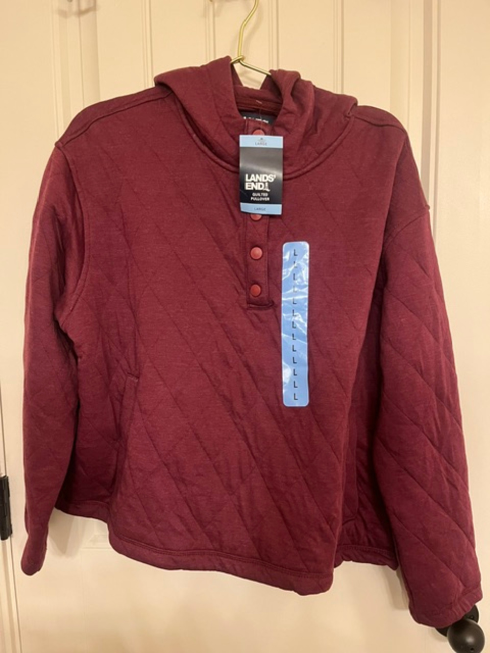Lands' End Quilted Henley Hoodie Womens Large Burgundy
